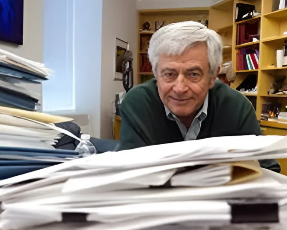 Myron "Max" Essex at his desk at HSPH.