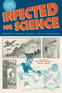A shocked man jumps off his stool as a gleeful man injects him with a syringe. They are surrounded by images of people peering out of an archivists' office, walking into a hepatitis lab, and flying bombers away from exploding naval vessels.