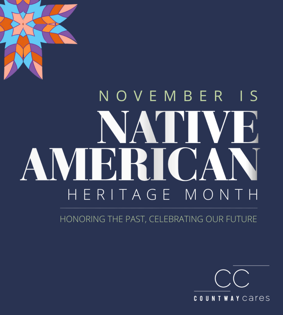 November is Native American Heritage Month. Honoring the Past, Celebrating our Future. Countway Cares icon in bottom right corner, colorful flower image in top left corner.