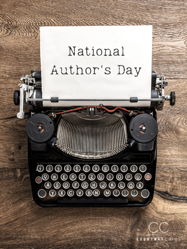 Photograph of a typewriter sitting on a wooden table. There is a paper sticking out of the typewriter that reads "National Author's Day." The Countway Cares icon is in the bottom right corner.