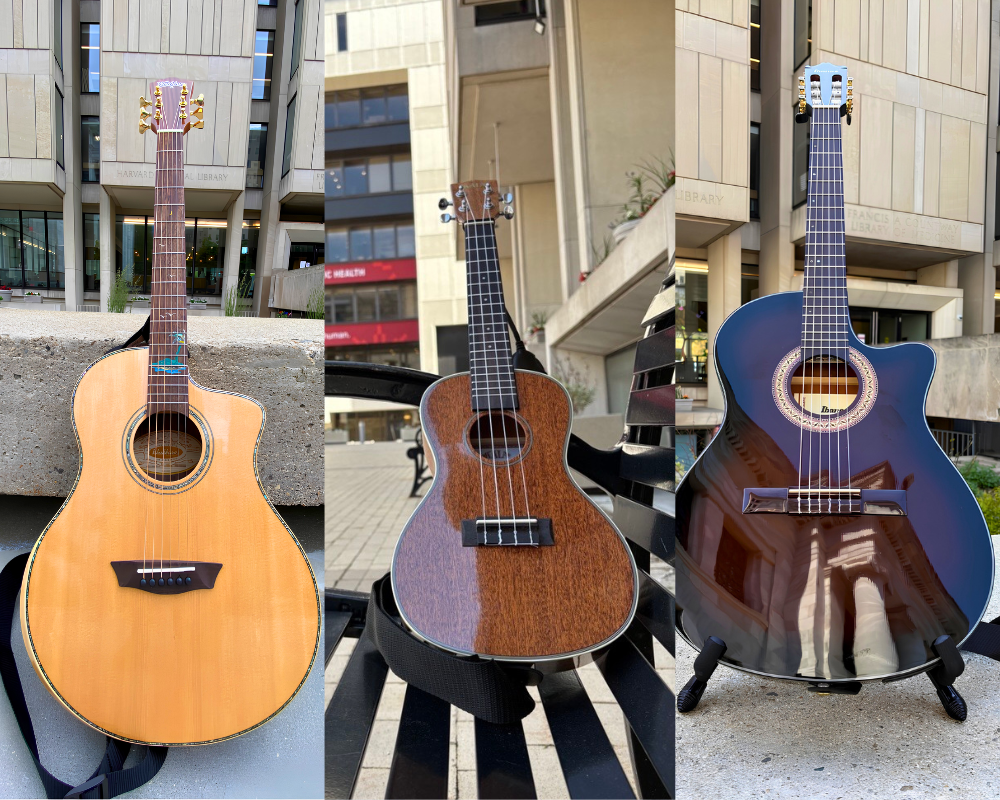 Photos of two acoustic guitars and a ukulele