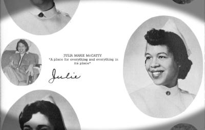 Page from a college yearbook showing black and white photos with text reading Julia Marie McCatty, "A place for everything and everything in its place" with a handwritten Julie