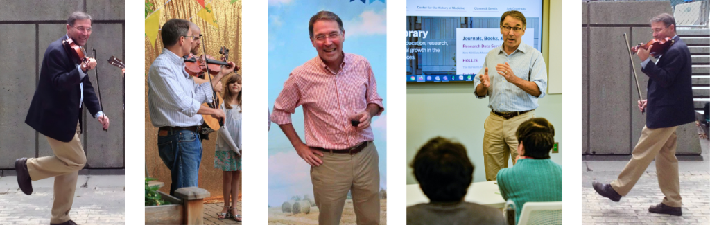 Paul Bain at Countway Library over time playing piano, teaching, and smiling while holding a beverage.