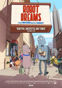 A dog and a robot holding hands and walking down a busy city street full of anthropomorphic characters.