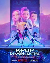 A group of demons look up at three young women dressed in black pose with weapons in front of a huge poster of themselves dressed as pop stars under the words HUNTR/X World Tour.