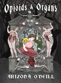 In a graveyard, a young woman sits on Frankenstein's monster with her arm around his neck and a yellow lizard on her shoulder. They are surrounded by skeletons and nude women with their abdomens cut open to reveal their inner organs.
