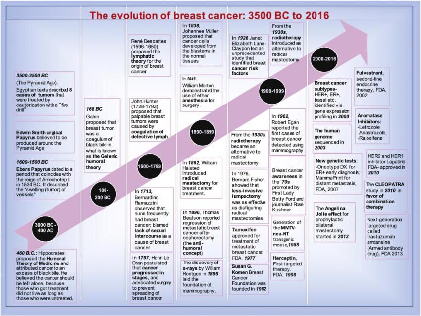 The Evolution of Breast Cancer: 3500 BC to 2016. Fully transcribed below image.