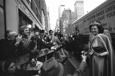 First lady Betty Ford answers questions from the press prior to her tour of the Guttman Institute for Early Detection of Breast Cancer in New York City on Nov. 7, 1975.