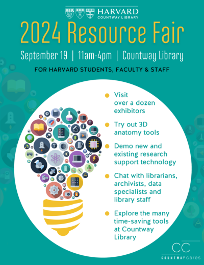 Resource Fair attendees can visit over a dozen exhibitors; try out 3D anatomy tools; demo new and existing research support technology; chat with librarians, archivists, data specialists, and library staff; and explore the many time-saving tools at Countway Library.