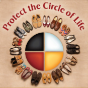 Protect the Circle of Life; pairs of different styles of shoes in a circle around a circle made of four quarters of different colors: black, white, yellow, and brown