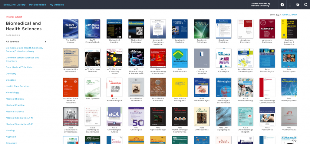 Screenshot of Biomedical and Health Sciences Titles in Browzine