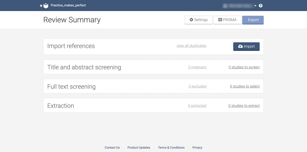 Screenshot of Covidence Project Page