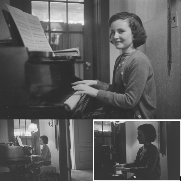 Three photographs of a girl playing the piano. Each captures the girl with a slightly different expression, lighting, or angle.