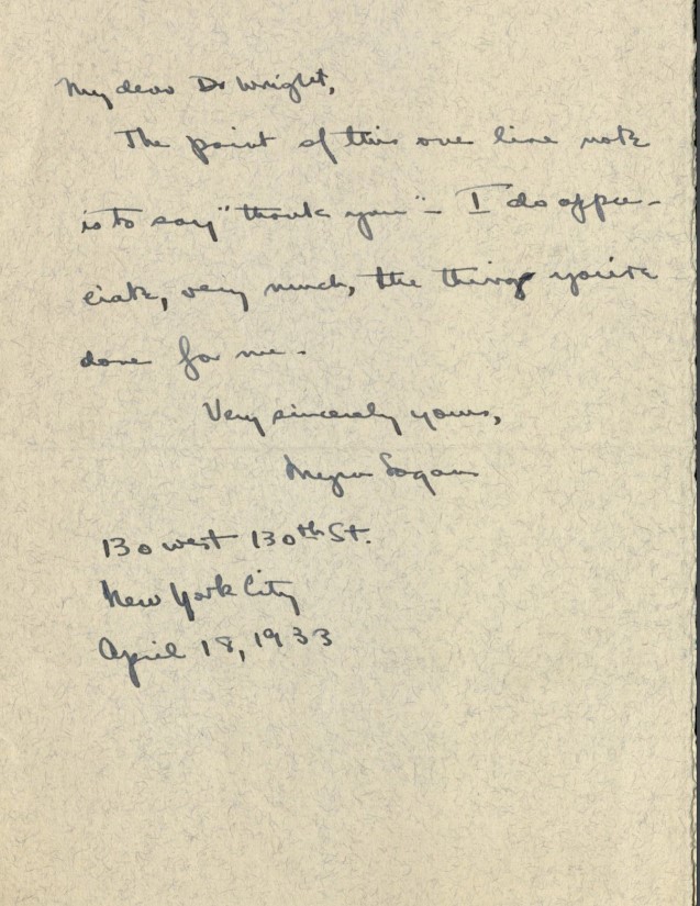 A handwritten letter sent from Logan to Wright in 1933 (contents in caption)