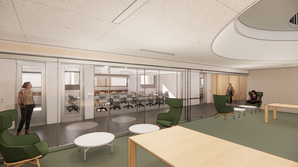 Rendering of a new classroom space in the completed Countway Library L1 renovation featuring a glass wall, arm chairs, and long tables.