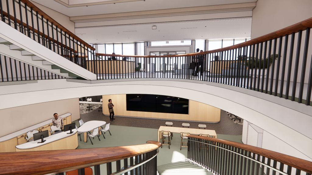 Rendering of the completed Countway Library L1 renovation as seen from the top of the stairs.