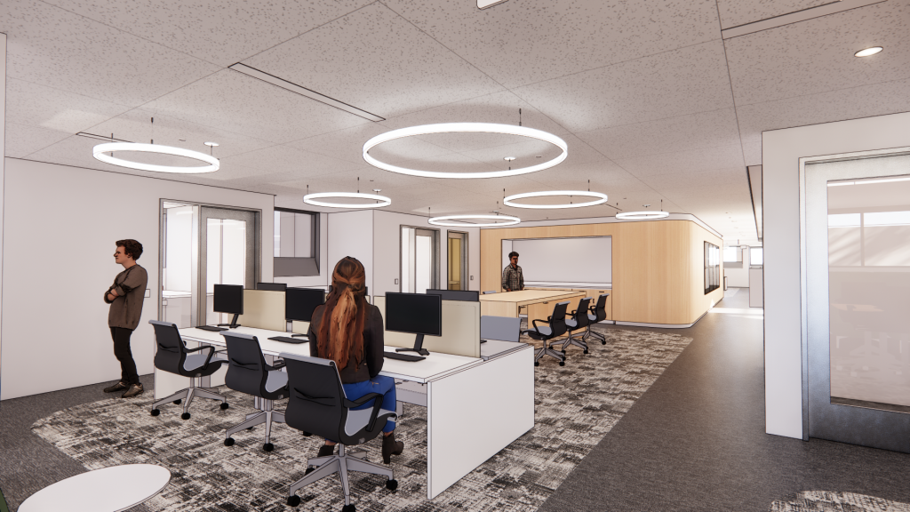 Rendering of the new tech hub of the completed Countway Library L1 renovation featuring a white board, tables with chairs, and computers at desks.