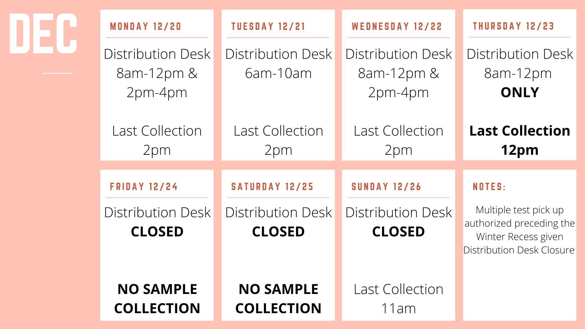 COVID testing schedule for December 20 through 26. The distribution desk is open from 8 a.m.-12 p.m. and 2 p.m.-4 p.m. on 12/20 and 12/22, from 6 a.m.-10 a.m. on 12/21, and from 8 a.m.-12 p.m. on 12/23. Last collection will be 2 p.m. on 12/20 through 12/22, 12 p.m. on 12/23, and 11 a.m. on 12/26. Notes: Multiple test pick up authorized preceding the Winter Recess given Distribution Desk Closure.