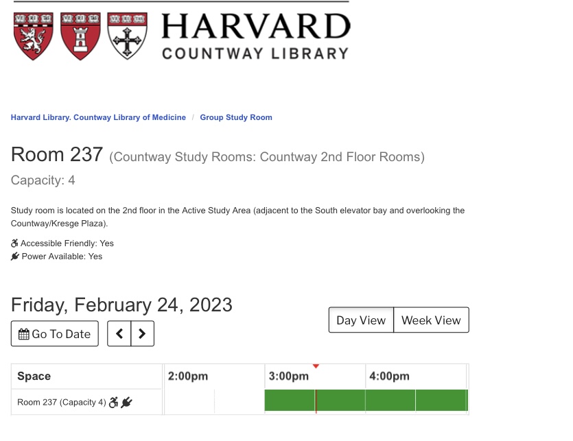 Countway's online room reservation system with a description of the location, room amenities, and a chart showing available time slots in green.