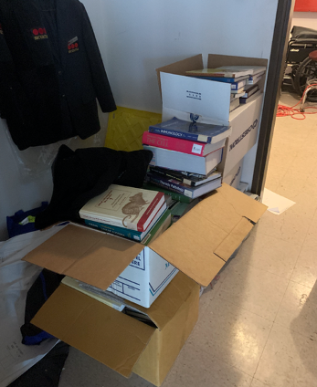 books in cardboard boxes stored in a closet