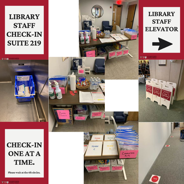 Collage of preparations for reopening. Three signs reading: Library staff chick-in Suite 219; Library staff elevator; and Check-in one at a time. Please wait at the 6 feet circles. Pictures of cleaning supplies and additional signs throughout the library.