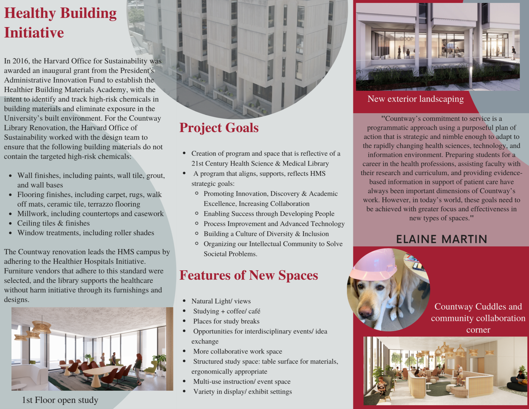 Countway Library renovation brochure page 2 with 3 vertical panels. Panel 4's heading is Healthy Building Initiative. The text reads: In 2016, the Harvard Office for Sustainability was awarded an inaugural grant from the President's Administrative Innovation Fund to establish the Healthier Building Materials Academy, with the intent to identify and track high-risk chemicals in building materials and eliminate exposure in the University’s built environment. For the Countway Library Renovation, the Harvard Office of Sustainability worked with the design team to ensure that the following building materials do not contain the targeted high-risk chemicals: Wall finishes, including paints, wall tile, grout, and wall bases; Flooring finishes, including carpet, rugs, walk off mats, ceramic tile, terrazzo flooring; Millwork, including countertops and casework; Ceiling tiles & finishes; and Window treatments, including roller shades. The Countway renovation leads the HMS campus by adhering to the Healthier Hospitals Initiative. Furniture vendors that adhere to this standard were selected, and the library supports the healthcare without harm initiative through its furnishings and designs. The heading for Panel 5 is Project Goals. The text reads: Creation of program and space that is reflective of a 21st Century Health Science & Medical Library; A program that aligns, supports, reflects HMS strategic goals: Promoting Innovation, Discovery & Academic Excellence, Increasing Collaboration; Enabling Success through Developing People; Process Improvement and Advanced Technology; Building a Culture of Diversity & Inclusion; and Organizing our Intellectual Community to Solve Societal Problems. Features of New Spaces: Natural Light/ views; Studying + coffee/ café; Places for study breaks; Opportunities for interdisciplinary events/ idea exchange; More collaborative work space; Structured study space: table surface for materials, ergonomically appropriate; Multi-use instruction/ event space; Variety in display/ exhibit settings. Panel 6 includes a picture rendering of new exterior landscaping and the following quote: Countway’s commitment to service is a programmatic approach using a purposeful plan of action that is strategic and nimble enough to adapt to the rapidly changing health sciences, technology, and information environment. Preparing students for a career in the health professions, assisting faculty with their research and curriculum, and providing evidence-based information in support of patient care have always been important dimensions of Countway’s work. However, in today’s world, these goals need to be achieved with greater focus and effectiveness in new types of spaces. from Elaine Martin. This is followed by a picture rendering of Countway Cuddles and community collaboration corner.