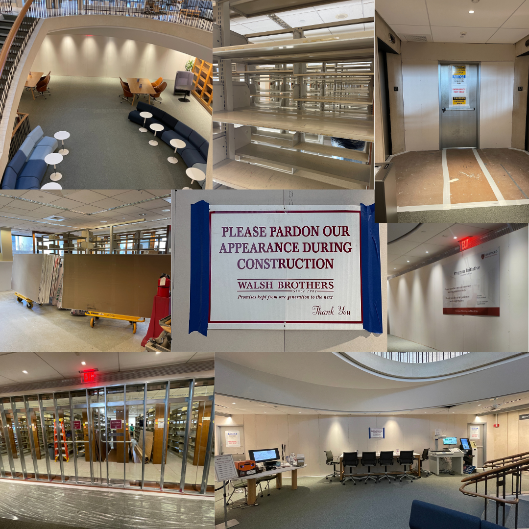 collage of L1 renovation beginning phase photographs showing empty shelves, construction materials, and signs about the construction activity