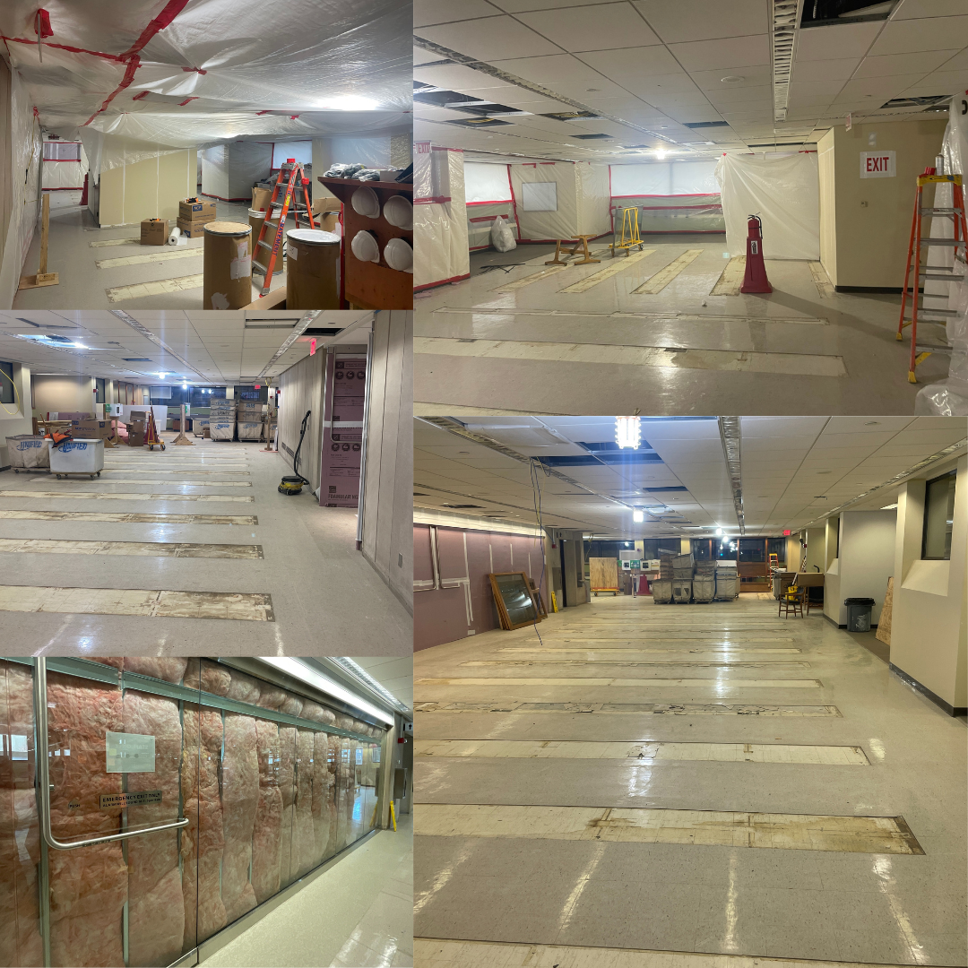 collage of five renovation demolition pictures showing bare, stripped down spaces, protective coverings, and construction equipment