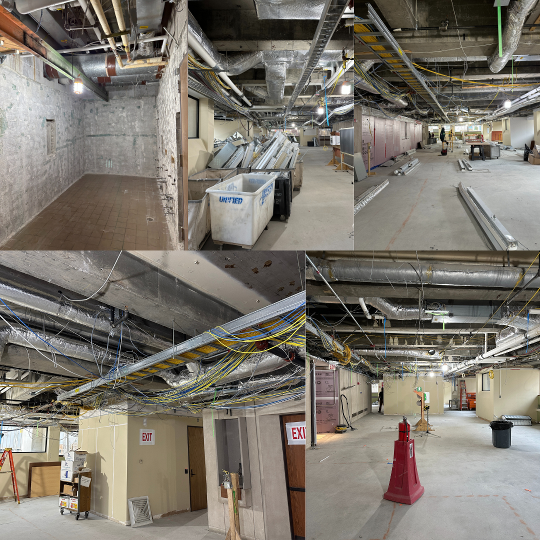 College of five photographs showing various areas of L1 under construction with no drop ceilings in place.
