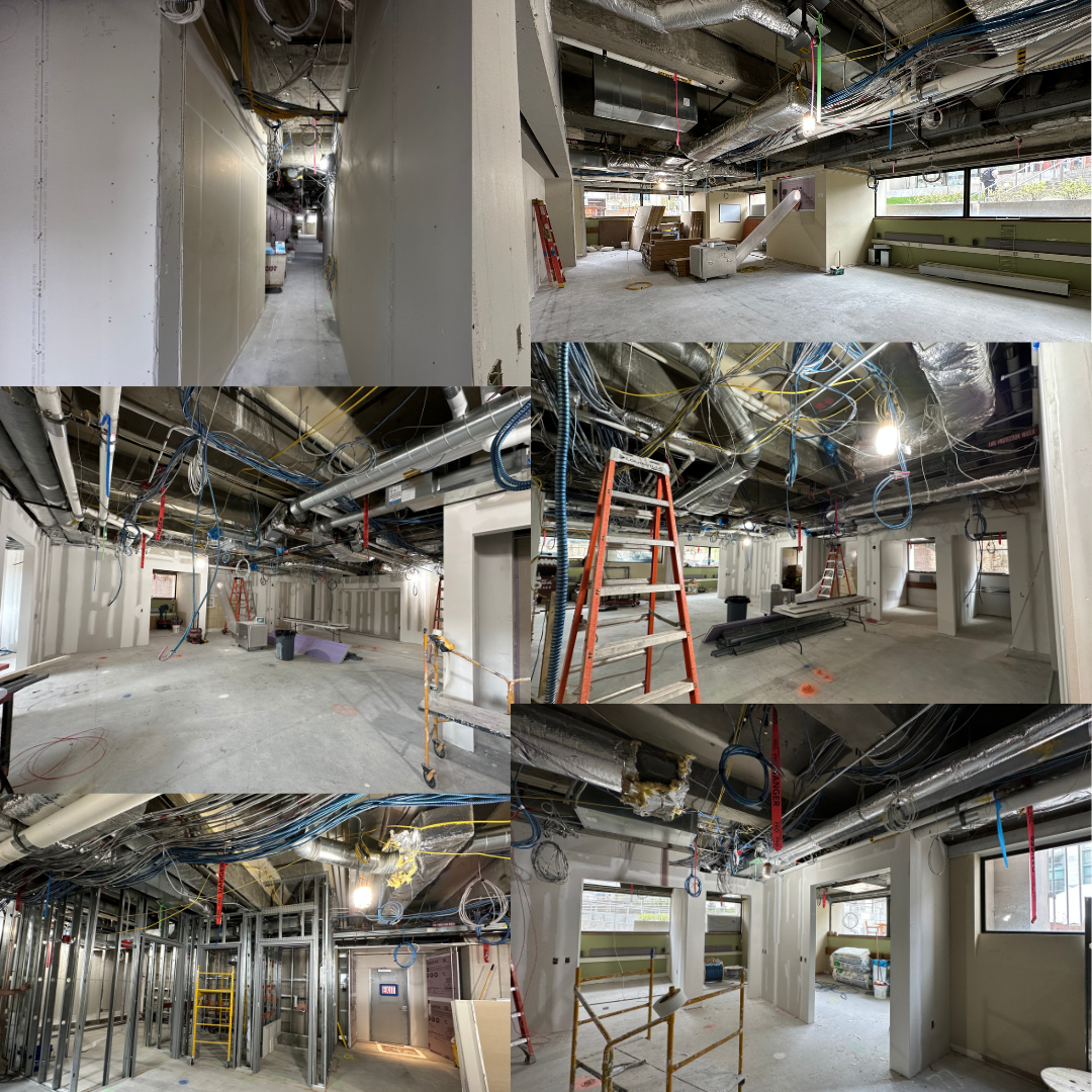 construction project collage showing L1 with new drywall installed.