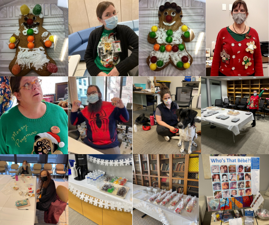 collage of holiday party activities including festive outfits and decorated gingerbread people