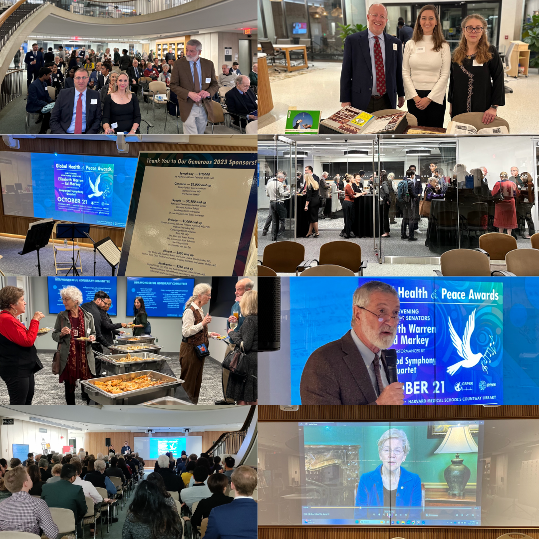 collage of pictures from the GBPSR event showing staff and attendees seated during the event, speakers (including Senator Warren virtually), and socializing with food afterward.