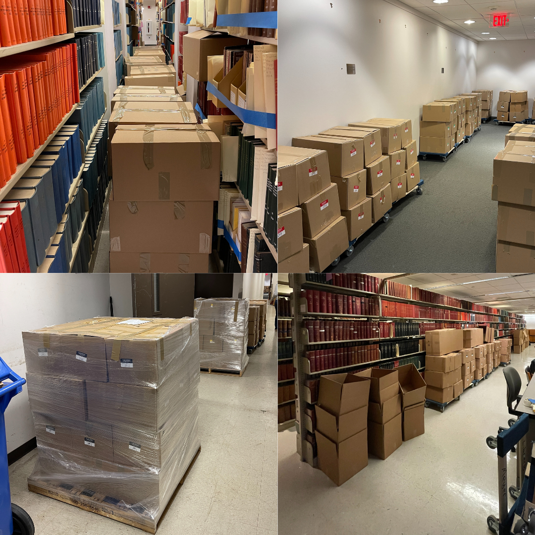 four photographs of BML inventory packed in sealed cardboard boxes around Countway Library