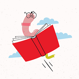 Book worm in glasses flying on a book in the cloudy sky