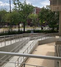 new exterior ramp with railings outside the library