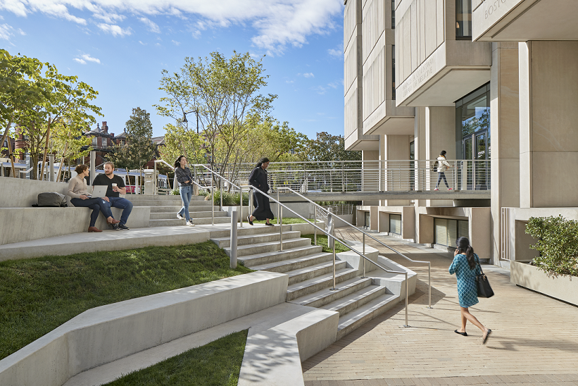 People walking around the new Huntington Avenue entrance of Countway Library