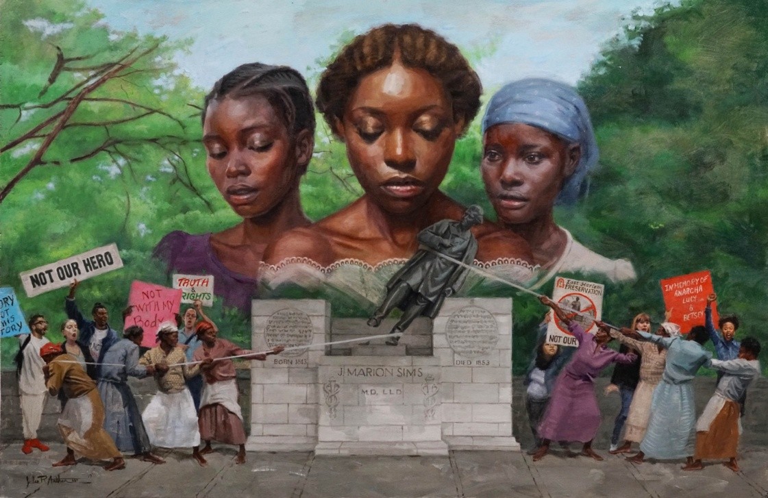 Sisterly Resistance, 2019, a painting by Jules Arthur in Mixed Media shows protestors pulling down a statue of J. Marion Sims. The disembodied faces of three young Black women hover over the scene.