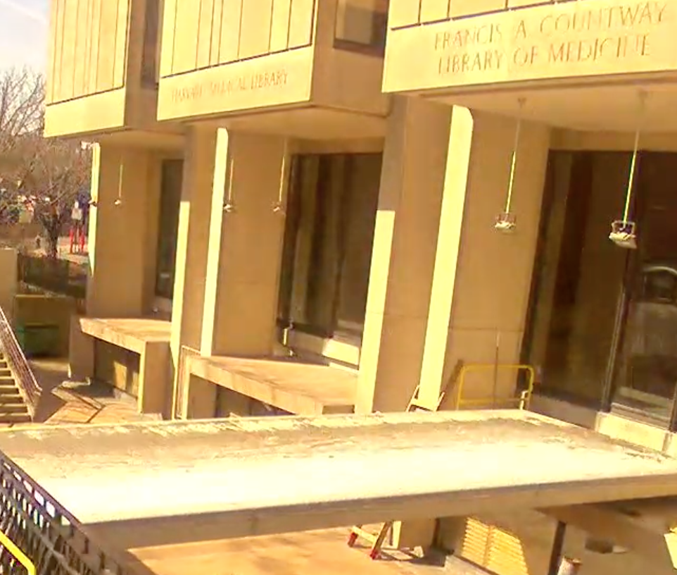 new concrete bridge outside the library at Huntington Avenue side.