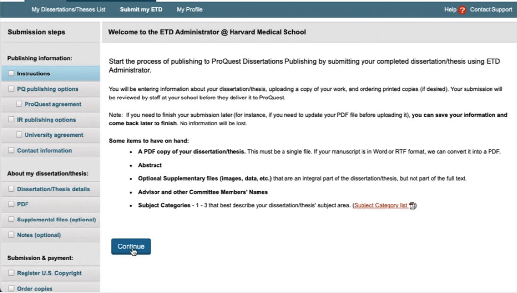First page of the "Submit my ETD" process