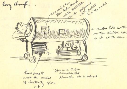 Pencil sketch of man in iron lung