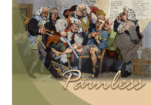 This exhibit poster used a reproduction of “Amputation,” a 1785 satirical etching/aquatint by Thomas Rowlandson (1756–1827). It shows several surgeons in the pre-anesthesia era holding down a distressed man during a leg amputation while they observe with clinical indifference.