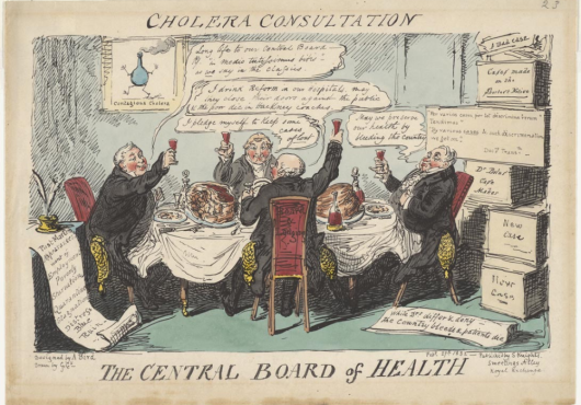 Hand-drawn cartoon showing a group of old white men sitting around a table with the words "Cholera Consultation" and "The Central Board of Health" 