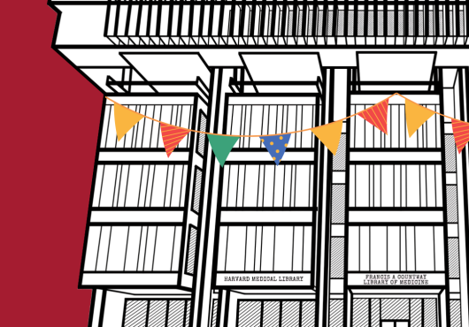 Line drawing of Countway Library in front of a crimson background with a birthday banner on the front