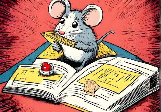 Cartoon drawing of a mouse eating a book