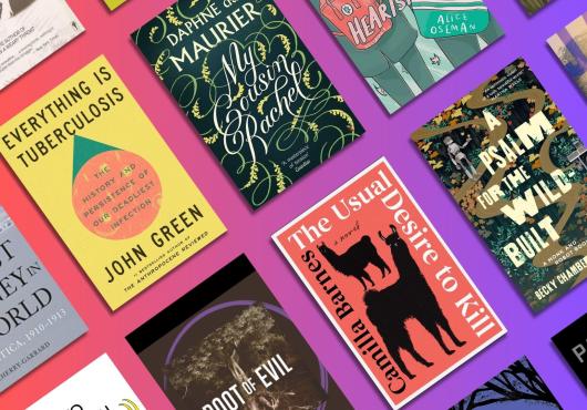Collection of book covers in front of a colorful gradient background