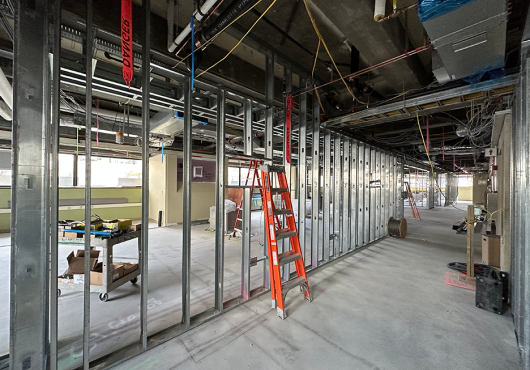 L1 renovation progress showing metal framing for new walls