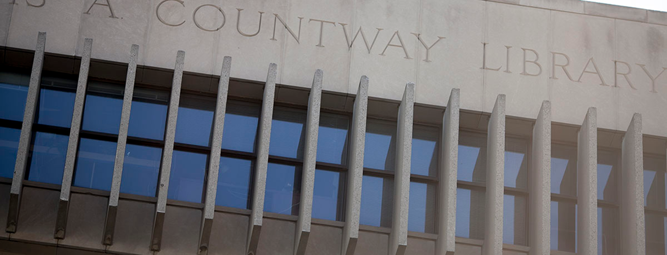 close-up of the text Countway Library engraved on the outside of the building