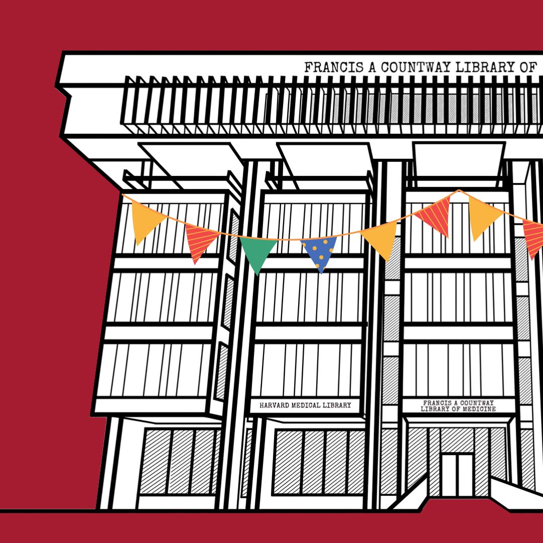 Line drawing of Countway Library in front of a crimson background with a birthday banner on the front