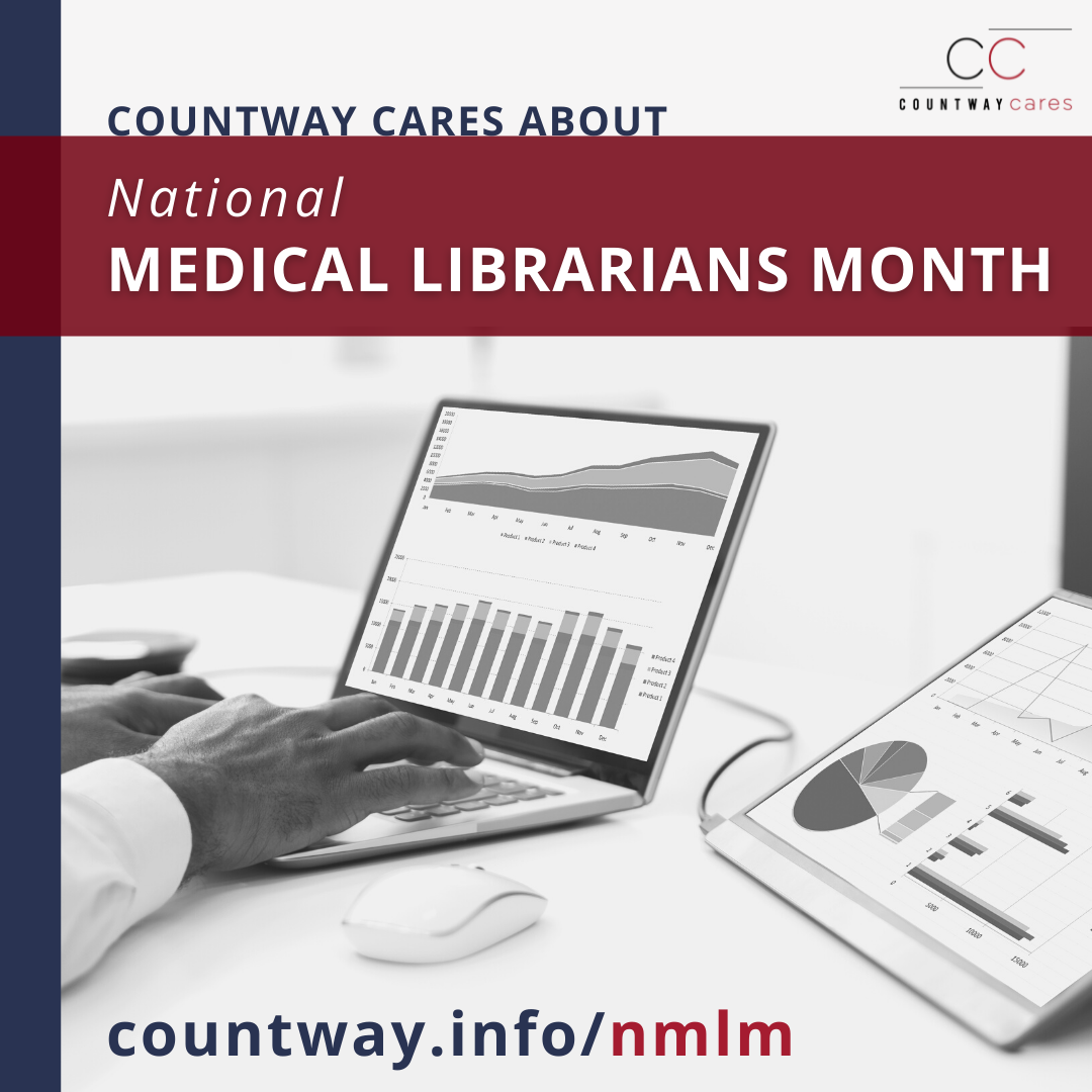 "Countway cares about National Medical Librarians Month" written above a black and white image of hands on a laptop. "countway.info/nmlm" is written at the bottom of the image, and the "Countway Cares" icon is in the top right corner.