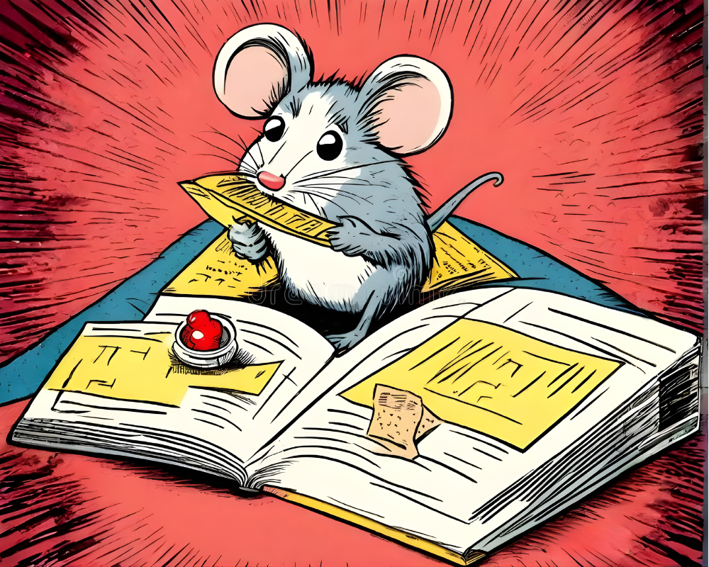 Cartoon drawing of a mouse eating a book